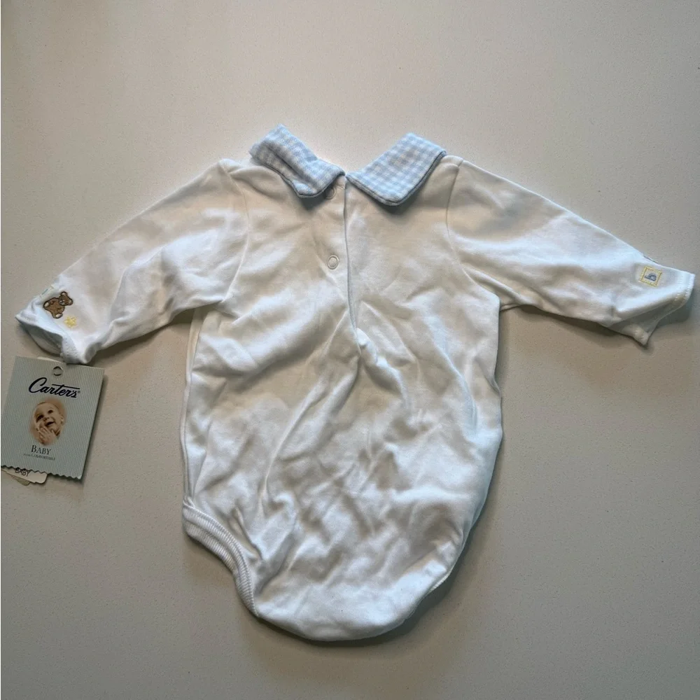 VTG Carter's Deadstock Collared Onesie - Blue Gingham & Embroidered Bear - 0-3M‎